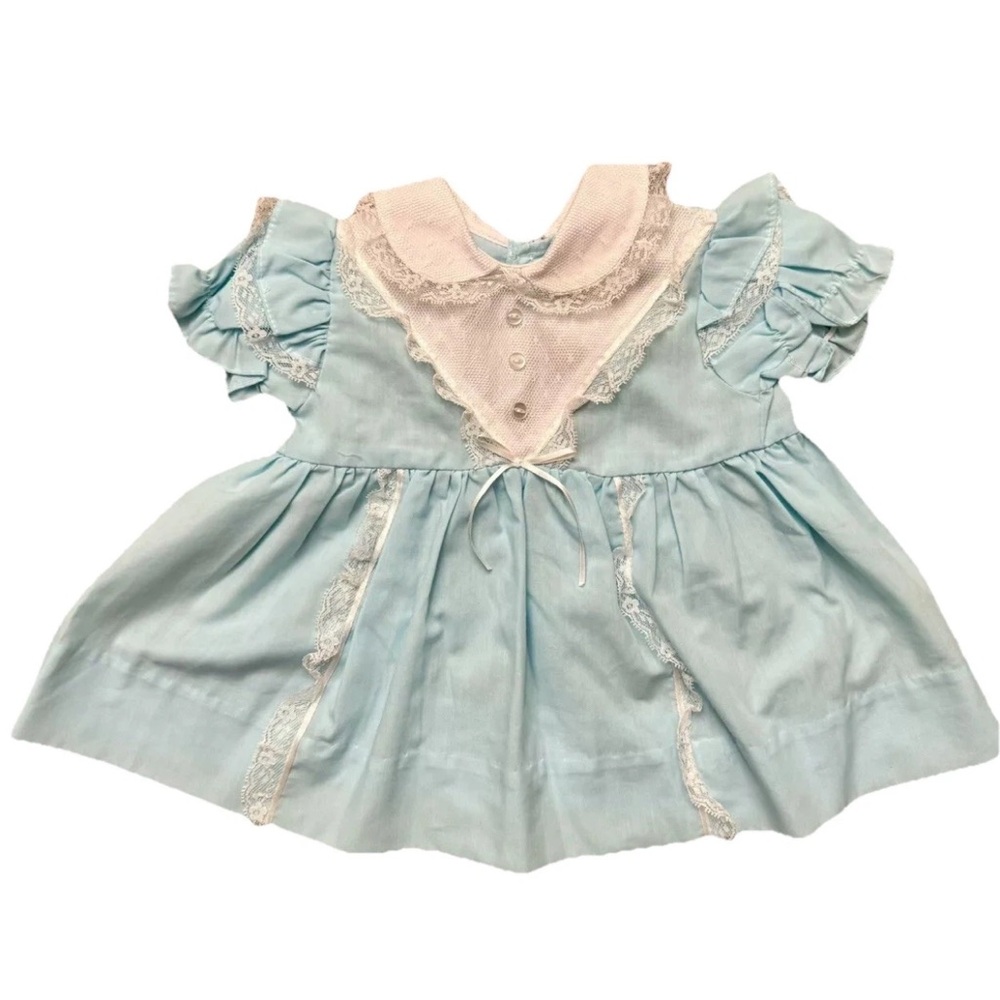 Mayfair Vintage blue white girls party dress lace size 12 mos Peter Pan‎ collar